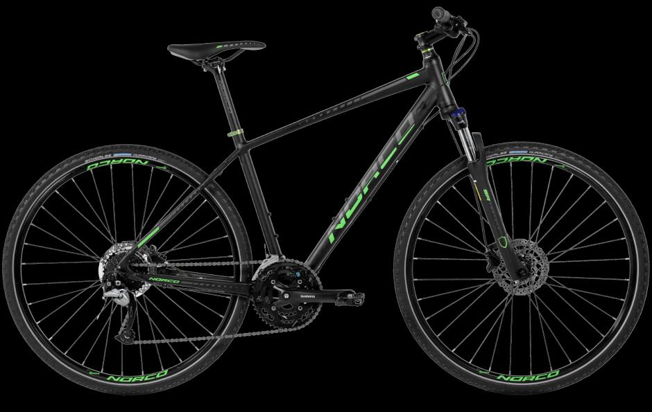 Norco Storm: A black and green Norco hybrid bicycle, showcasing a sleek frame design and equipped with knobby tires suitable for both on-road and off-road cycling. The bike features a front suspension fork, disc brakes, and a multi-speed gearing system, emphasizing its versatility and performance. The background is black, highlighting the bike's details.