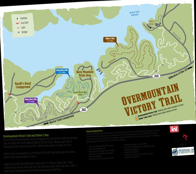 Map of Overmountain Victory Trail and Shiner's Run, showing trails, campgrounds, picnic areas, and key features like parking, fee gate, and bridge. Includes trail lengths and general regulations. Overmountain Victory Trail mountain bike trail.