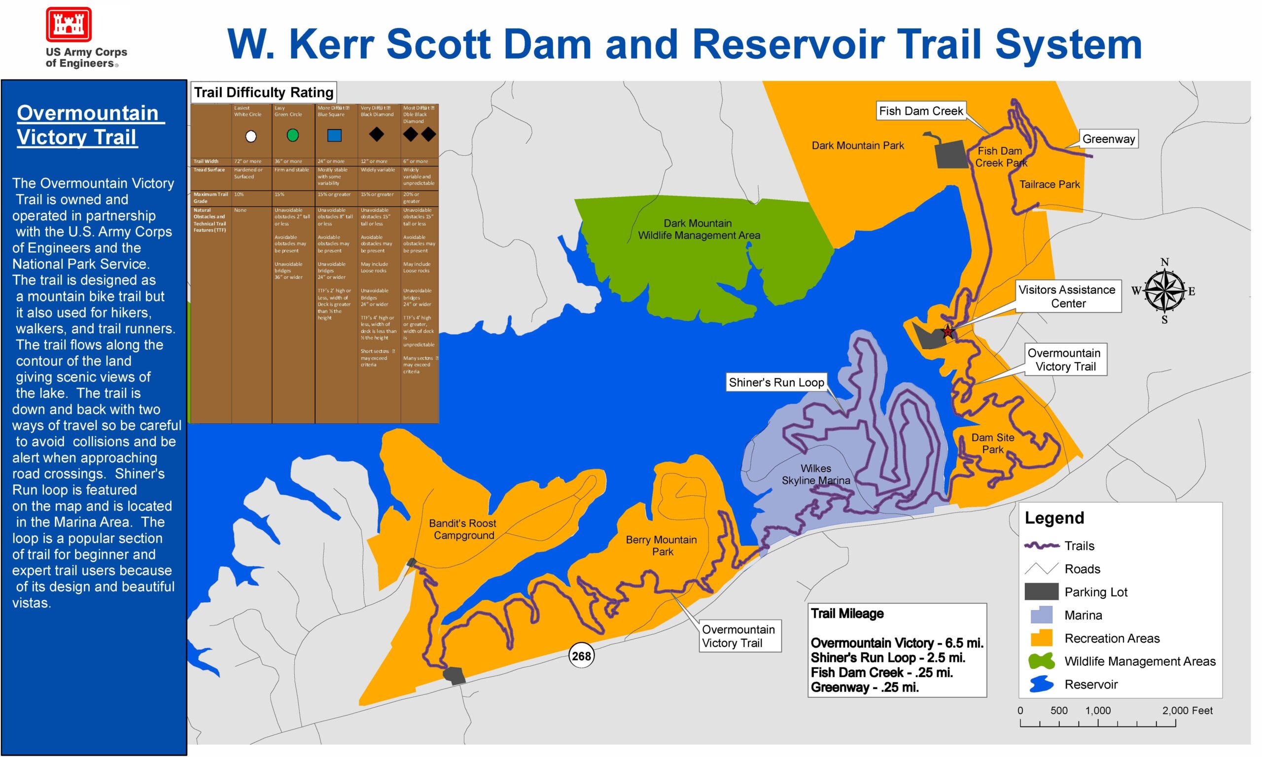 Map of the W. Kerr Scott Dam and Reservoir Trail System, highlighting the Overmountain Victory Trail. The map includes trails, parking areas, recreational parks, and wildlife management areas, with a legend indicating trail difficulty ratings and mileage. Key features and landmarks are labeled for hikers, bikers, and visitors. Overmountain Victory Trail mountain bike trail.