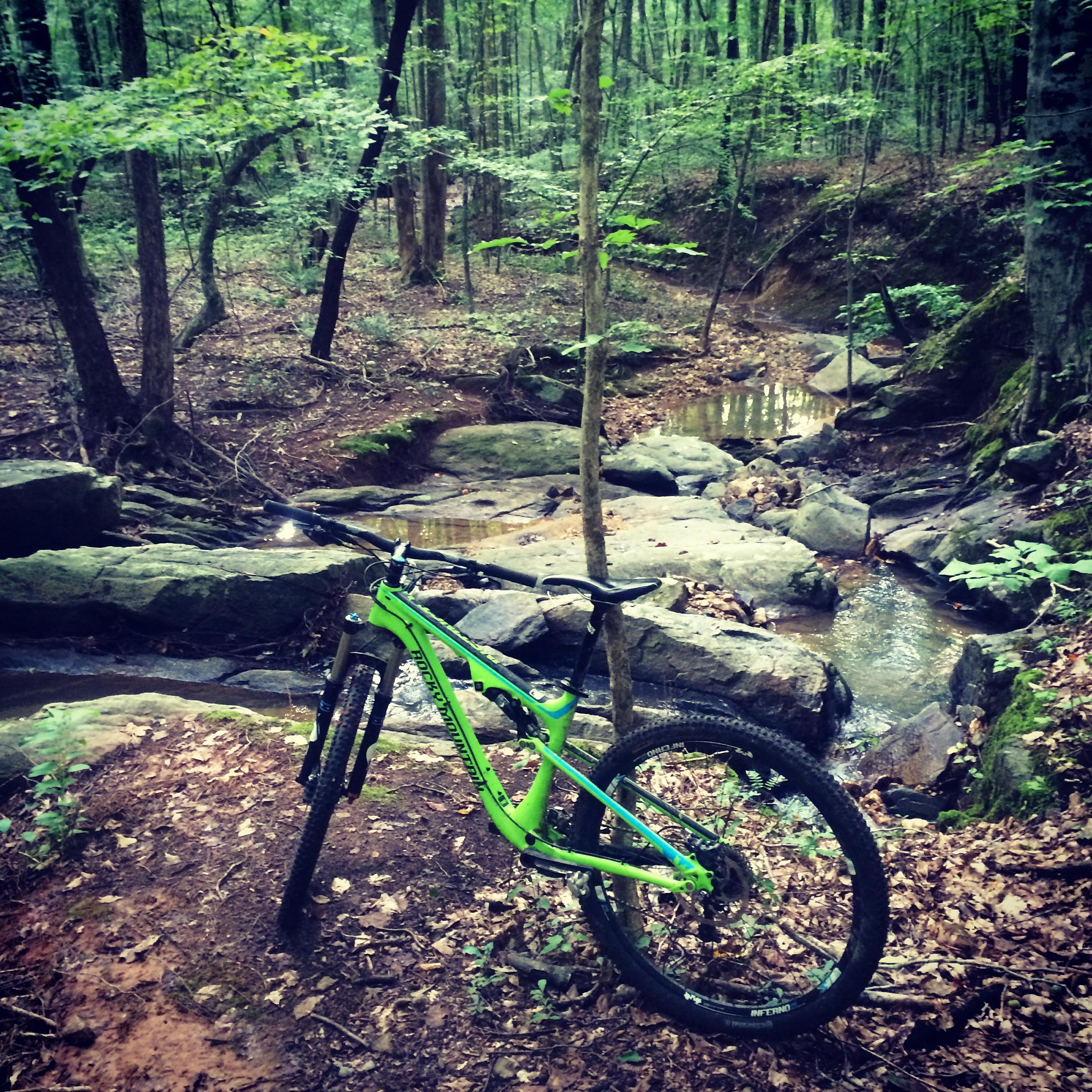 Rocky Mountain Instinct 950 MSL: A green mountain bike is leaning against a small tree by a rocky stream in a lush, green forest. The scene is surrounded by trees and foliage, with a small trickle of water visible among the rocks. The ground is covered in leaves and dirt, indicating a natural, outdoor setting ideal for mountain biking.