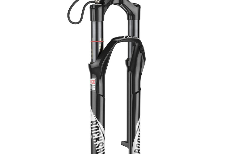 A black and silver RockShox bike suspension fork, featuring a straight steerer tube and various adjustment knobs, with the brand name prominently displayed along the legs.