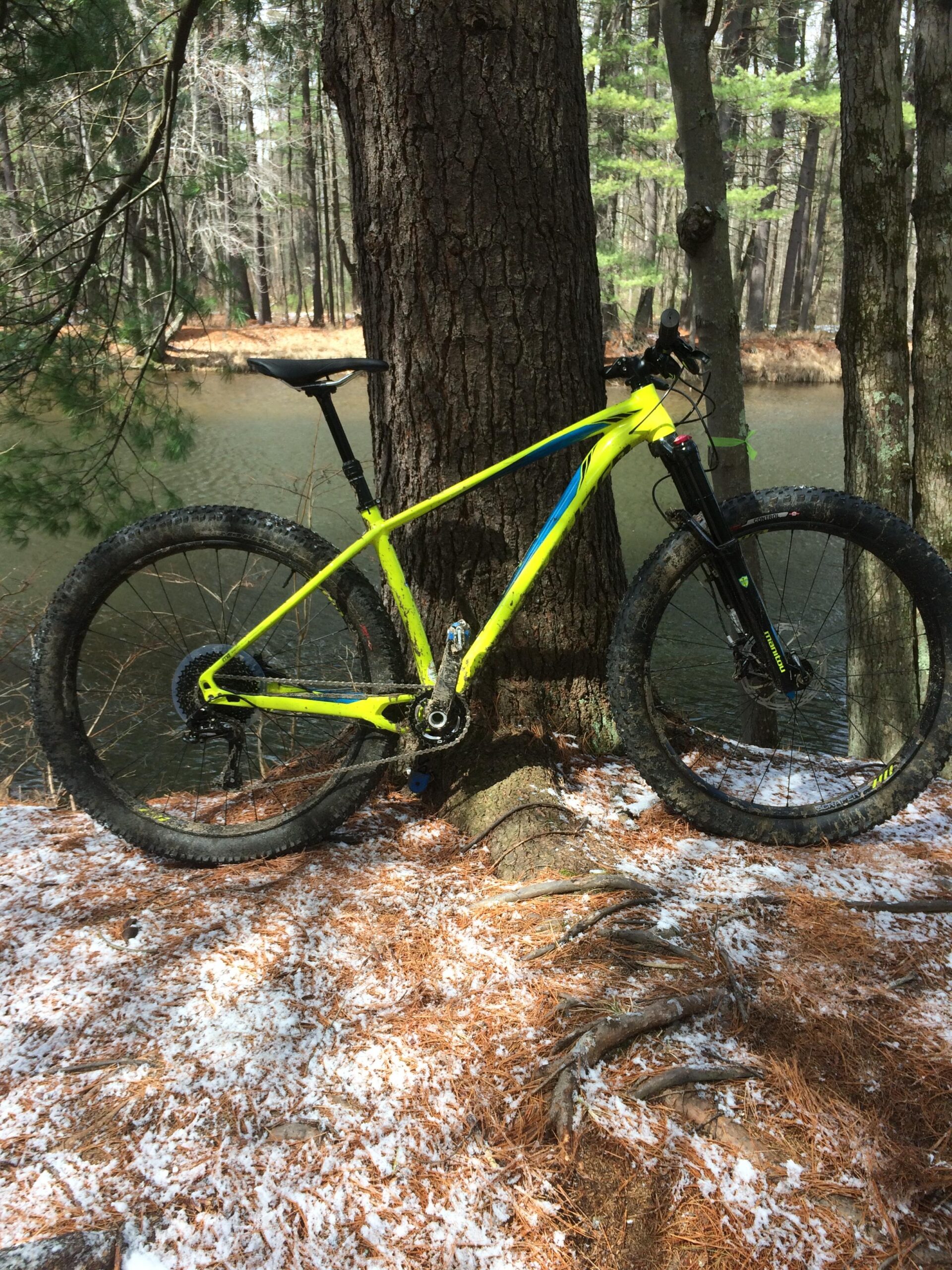 Specialized FUSE EXPERT 6FATTIE: A bright yellow mountain bike leaning against a tree by a tranquil pond, surrounded by a forest of tall trees. The ground is covered with pine needles and a light dusting of snow, indicating a late winter or early spring scene.