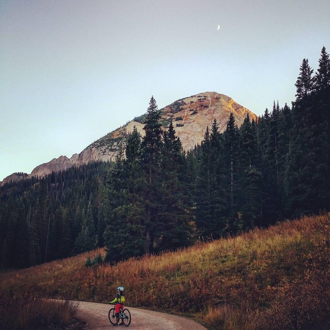 A child riding a bicycle on a gravel path surrounded by tall pine trees, with a mountain in the background and a crescent moon visible in the sky. The scene captures a serene moment in nature, showcasing the beauty of the outdoors at dusk. Trail 401 mountain bike trail.