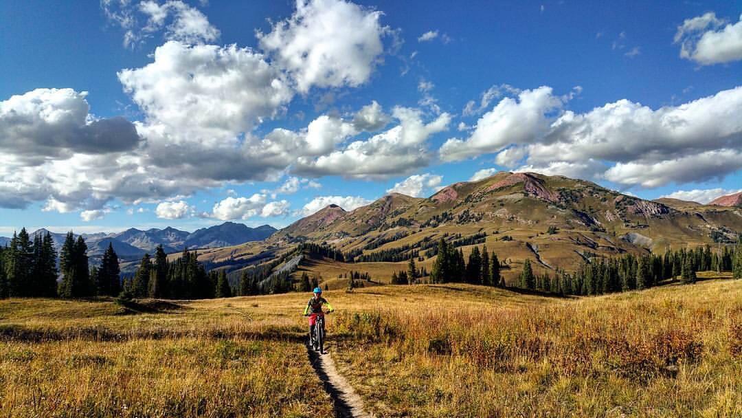 A cyclist riding along a narrow trail in a scenic mountain landscape, surrounded by rolling hills and lush greenery under a bright blue sky with fluffy white clouds. Trail 401 mountain bike trail.