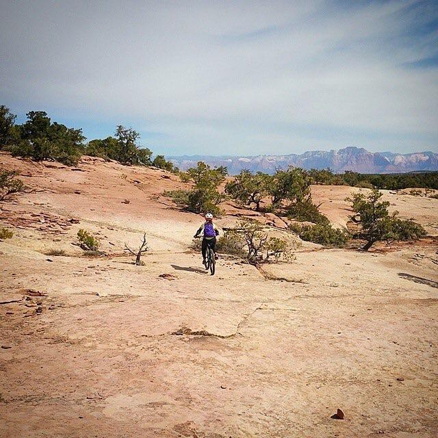 A mountain biker riding on a rocky, desert landscape with sparse vegetation and distant mountains under a clear sky. Gooseberry Mesa mountain bike trail.