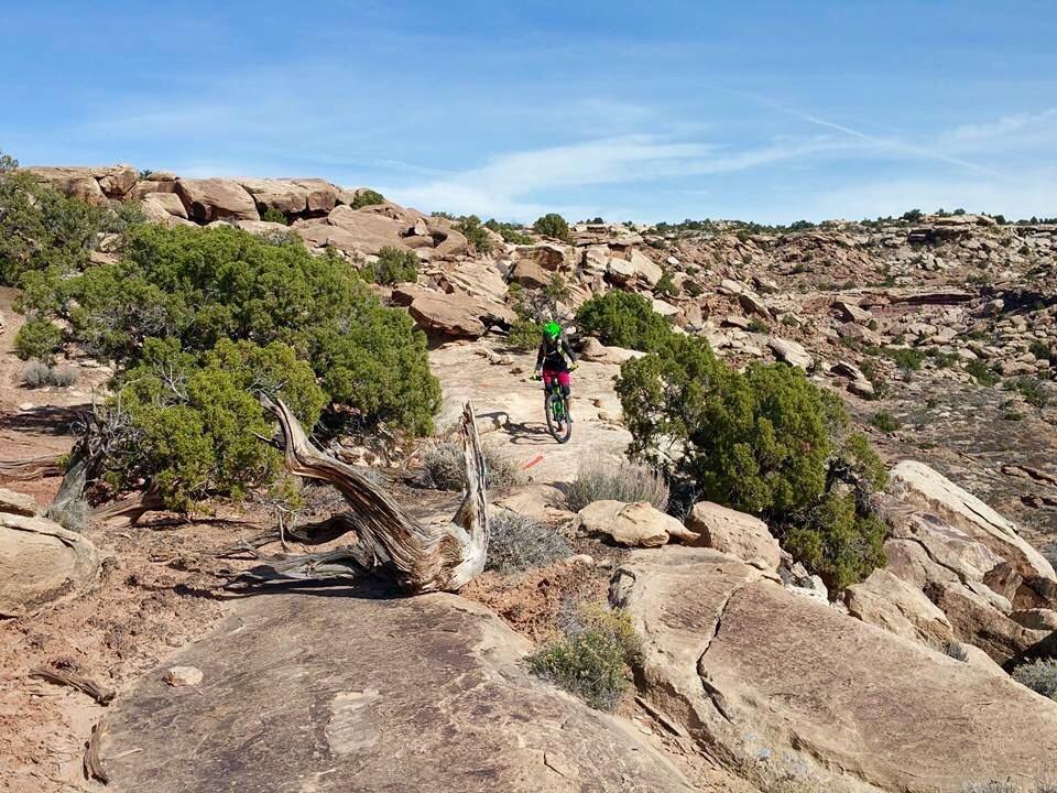 A mountain biker navigates a rocky trail surrounded by shrubs and sparse vegetation under a clear blue sky. The landscape features large rock formations and a distant horizon. Klondike Bluffs mountain bike trail.