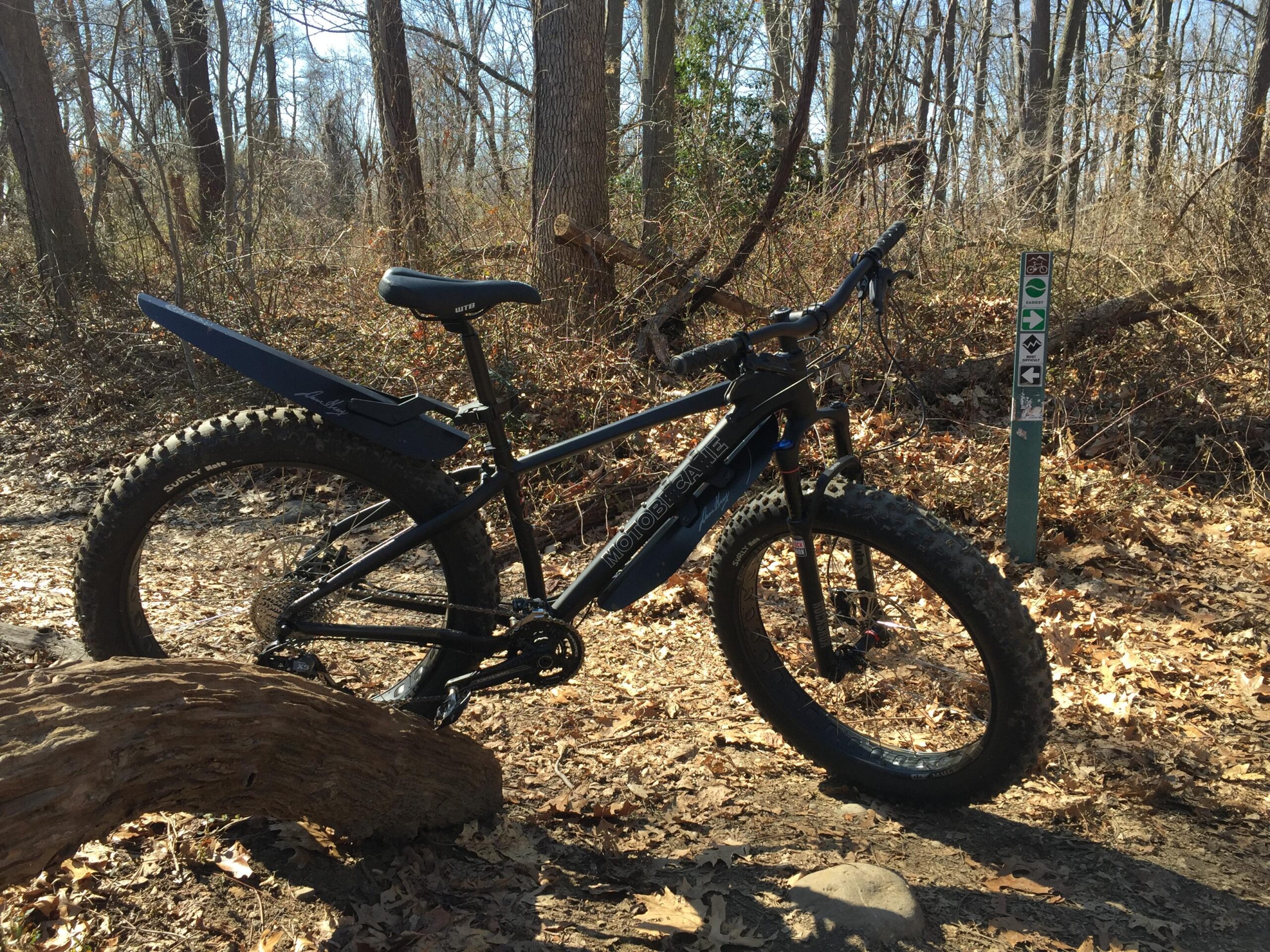 Motobecane NightTrain Bullet: A black fat tire bicycle parked next to a fallen log in a wooded area with dried leaves on the ground. In the background, a trail sign with various directional and activity symbols is visible. The scene is illuminated by sunlight filtering through the trees.