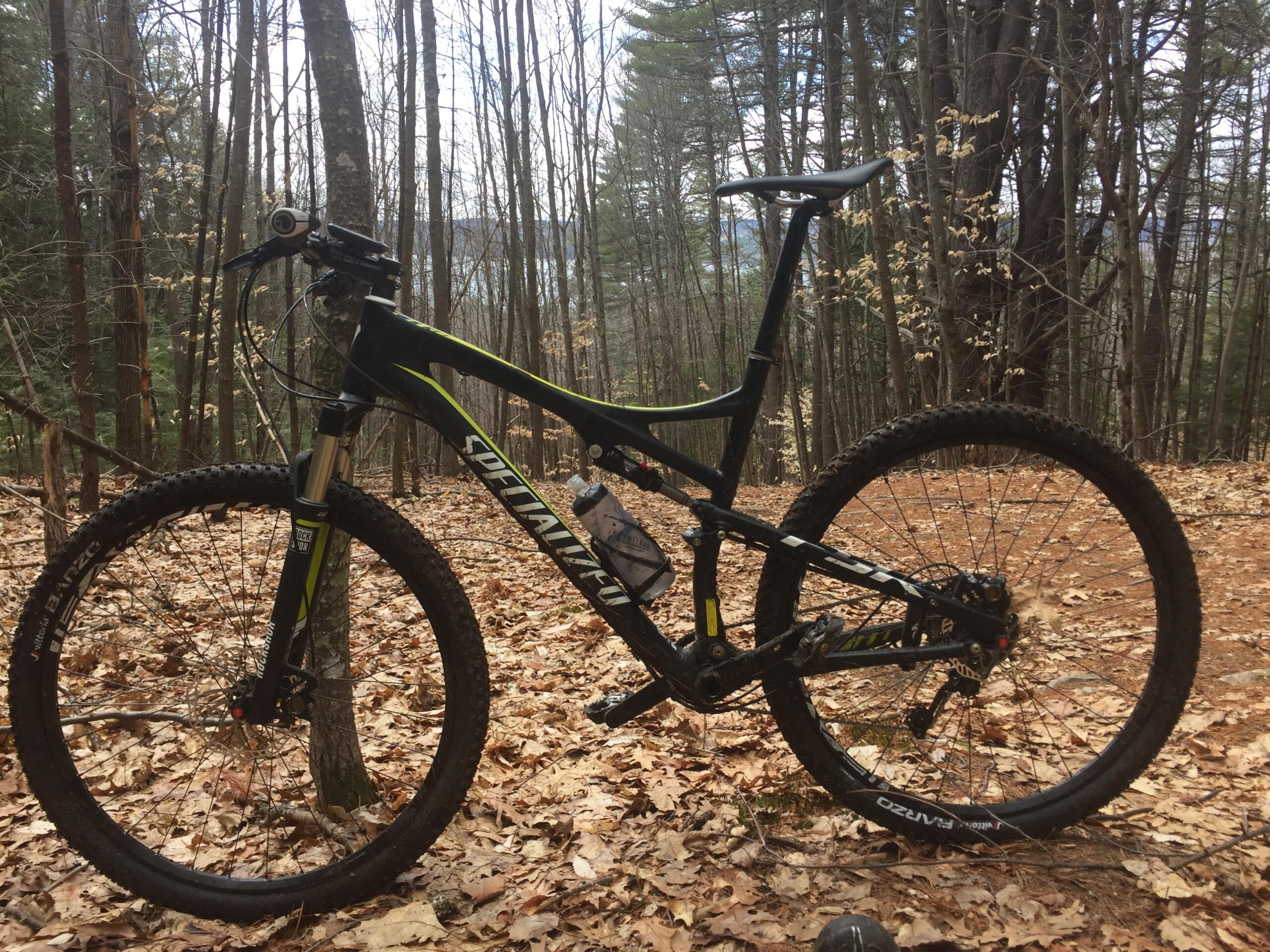 Specialized EPIC COMP CARBON: A mountain bike parked on a leaf-covered trail surrounded by tall trees, with a lake visible in the distance. The bike features thick tires and a sleek black and green design.