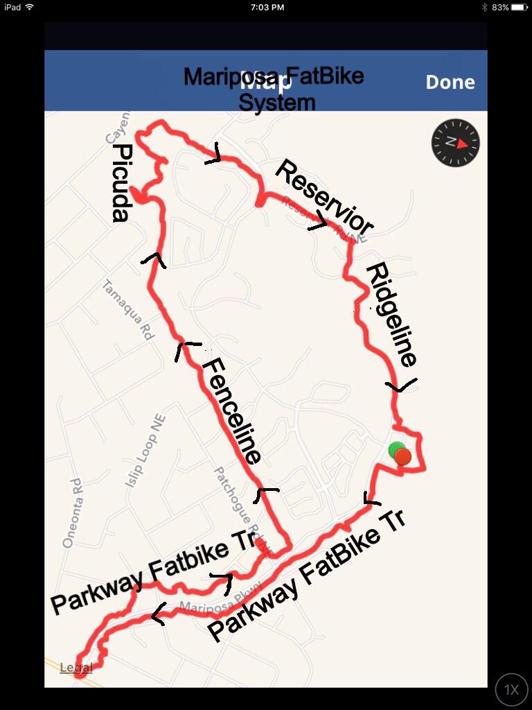 Map of the Mariposa FatBike System, featuring marked trails such as Picuda, Reservoir, Ridgeline, Fenceline, and Parkway FatBike Trail, outlined in red on a light background. Fenceline Fatbike Trail mountain bike trail.