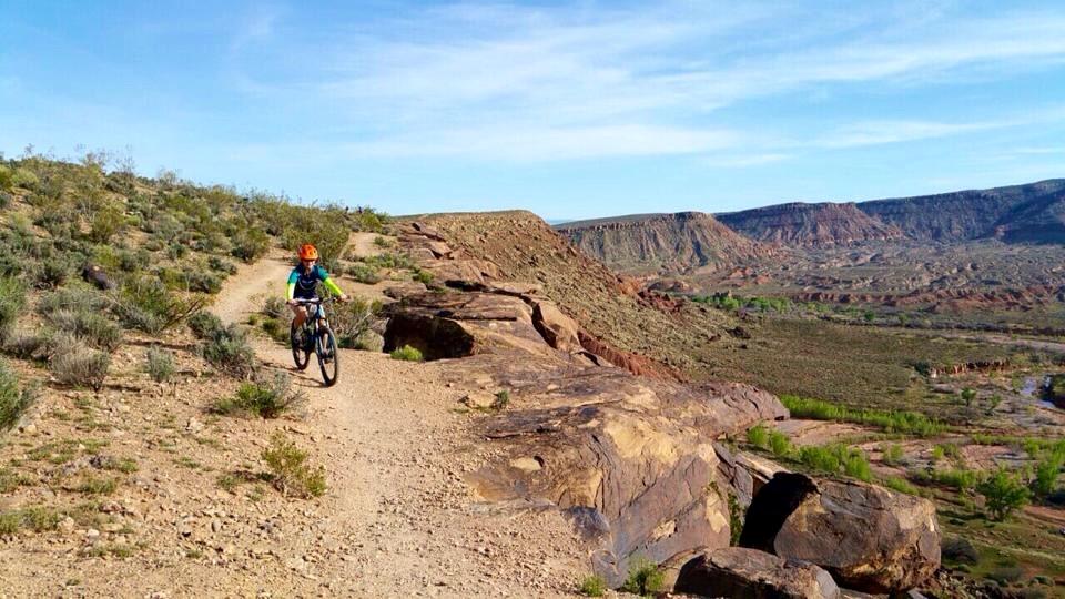 A child riding a mountain bike along a dirt trail that winds through a rocky landscape, with green shrubs and hills in the background under a clear blue sky. Anasazi trail mountain bike trail.