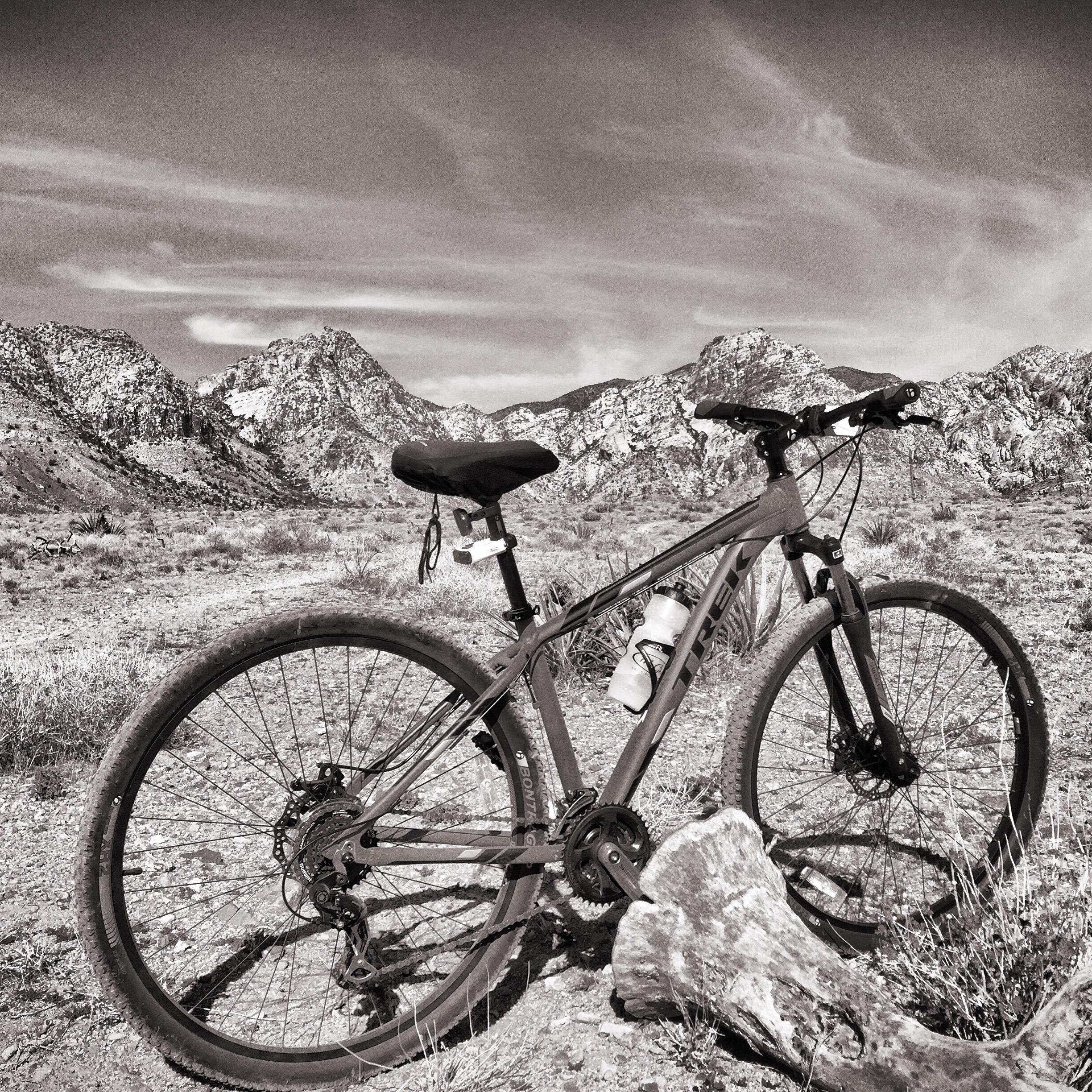 A mountain bike leaning against a rock in a barren landscape, with rugged mountains in the background and a clear sky. The image is in black and white, emphasizing the textures of the bike and the natural surroundings. Cottonwood Valley North mountain bike trail.