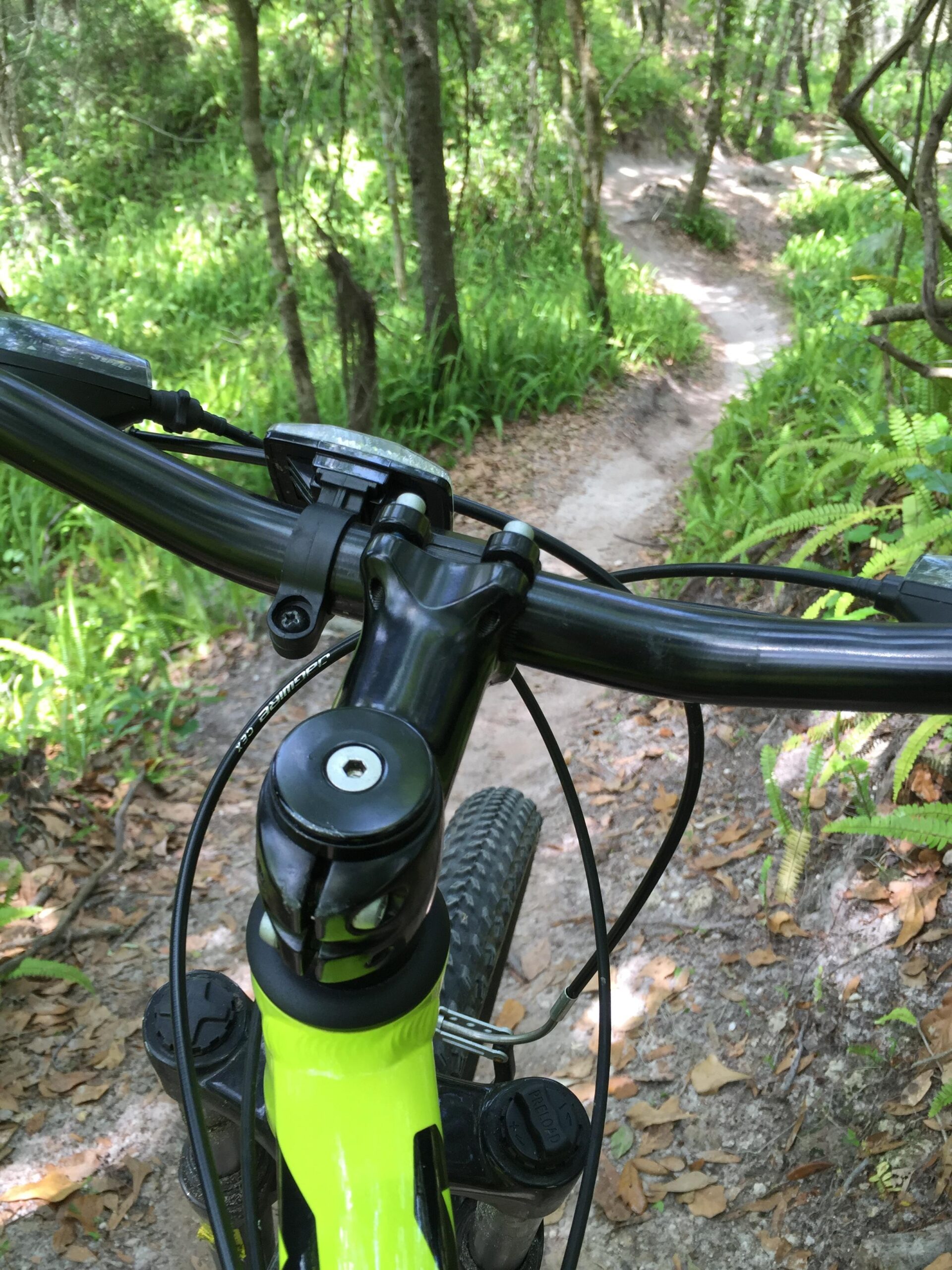 Close-up view of a mountain bike handlebar, featuring a bright yellow frame and digital speedometer, with a winding dirt trail visible in the background surrounded by lush greenery and ferns. Alafia River State Park mountain bike trail.
