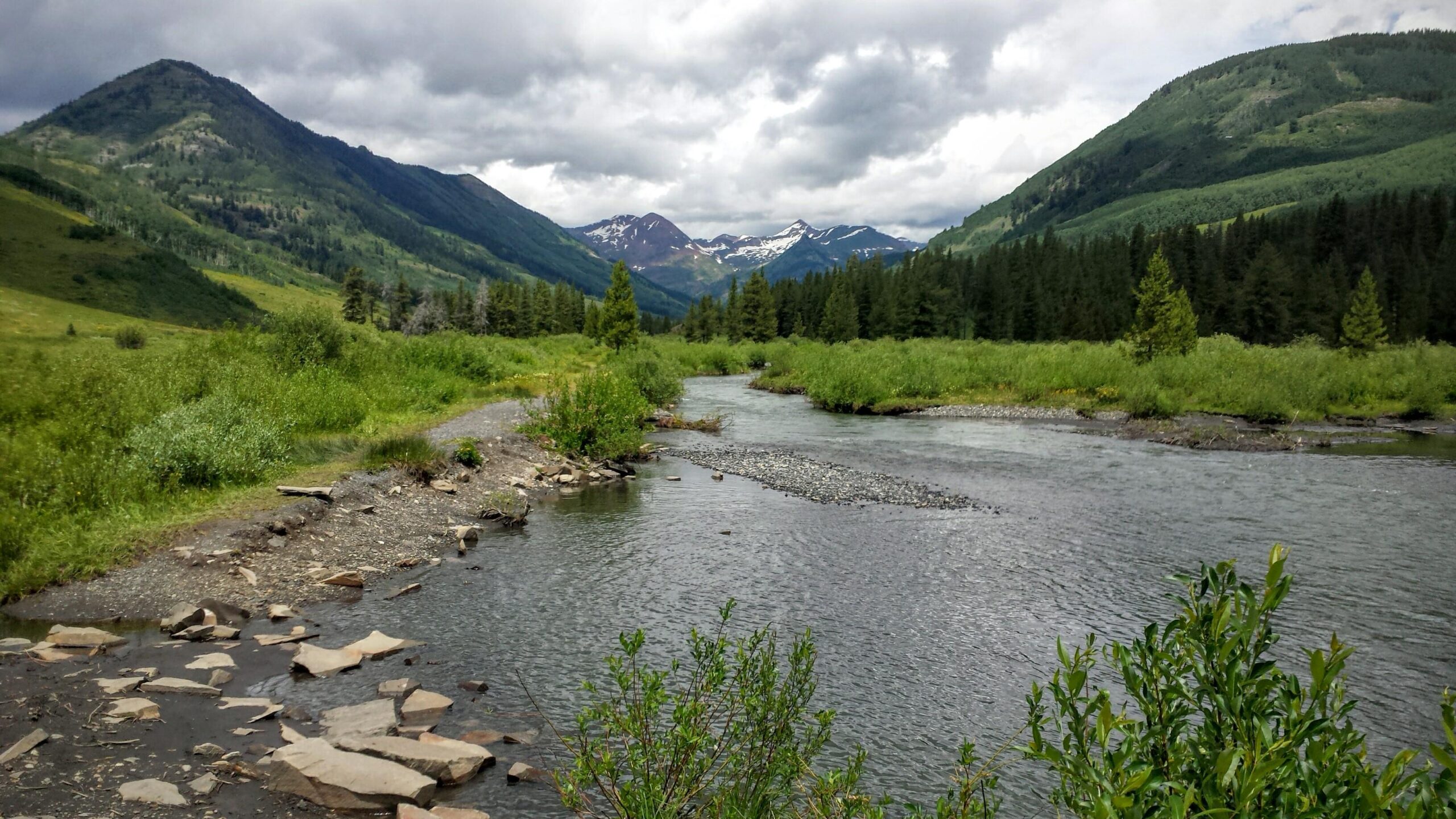 A serene landscape featuring a winding river surrounded by lush greenery and rocky shores, with mountains rising in the background under a cloudy sky. The scene captures the beauty of nature in a tranquil setting. Lower Loop mountain bike trail.