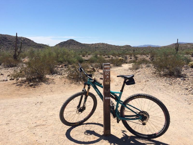 A mountain bike leaning against a trail marker in a desert landscape, surrounded by sparse vegetation and cacti. The clear blue sky stretches overhead, and distant hills are visible in the background. The trail sign indicates directions and trail names. South Mountain Park / National Trail mountain bike trail.