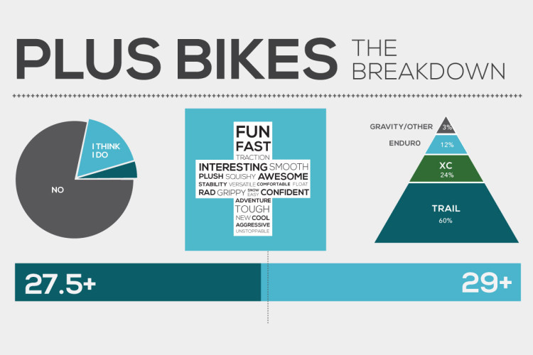 An infographic titled "Plus Bikes: The Breakdown," featuring a pie chart indicating user opinions on Plus bikes, a word cloud highlighting key attributes like "Fun," "Fast," "Stable," and "Confident," and a pyramid chart showing the distribution of bike types with "Trail" at 60%, "XC" at 24%, "Enduro" at 12%, and "Gravity/Other" at 3%. The chart also includes size categories for 27.5+ and 29+ bikes.