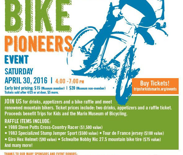 Alt text: A promotional poster for the 18th Annual Meet the Mountain Bike Pioneers event, scheduled for April 30, 2016, from 4:00 to 7:00 PM. The poster features vibrant colors and images of a mountain biker. It includes details on ticket prices ($15 for museum members, $20 for non-members), raffle items, and sponsors. Proceeds benefit Trips for Kids and the Marin Museum of Bicycling.