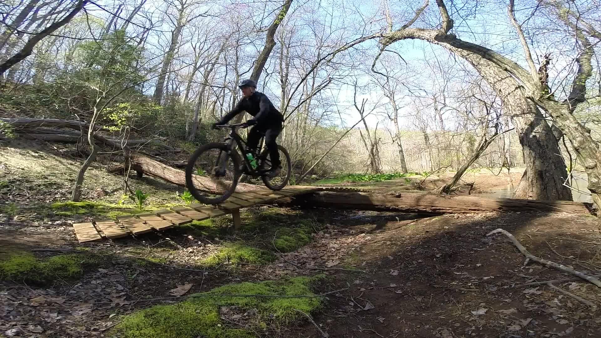 A mountain biker jumps over a wooden bridge in a wooded area during daylight. Surrounding the bike path are trees with budding leaves and a carpet of green moss on the ground. Bright sunlight filters through the branches, creating a vibrant outdoor scene. Allaire State Park mountain bike trail.