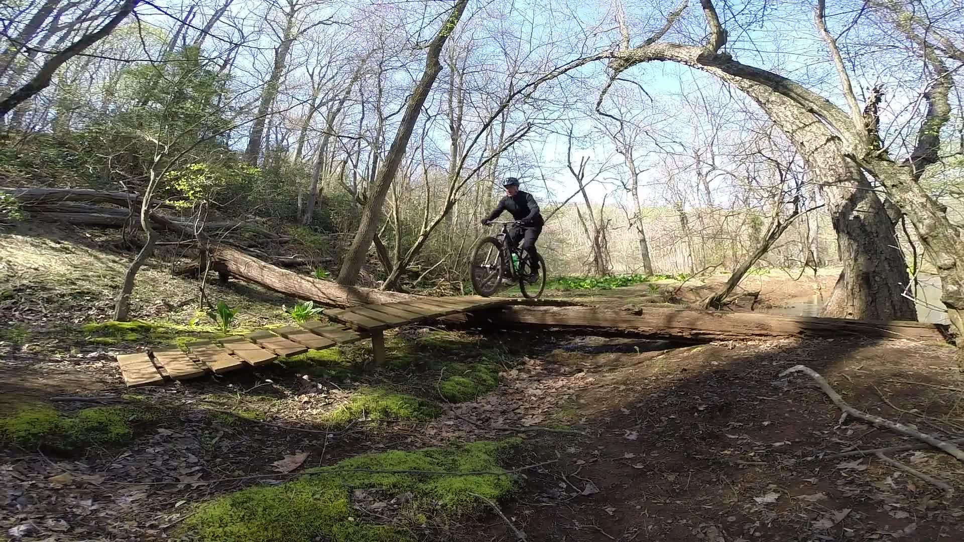 A mountain biker navigates a wooden bridge over a small stream in a forested area. The scene features bare trees and green moss covering the ground, with sunlight filtering through the branches, creating a vibrant outdoor atmosphere. Allaire State Park mountain bike trail.