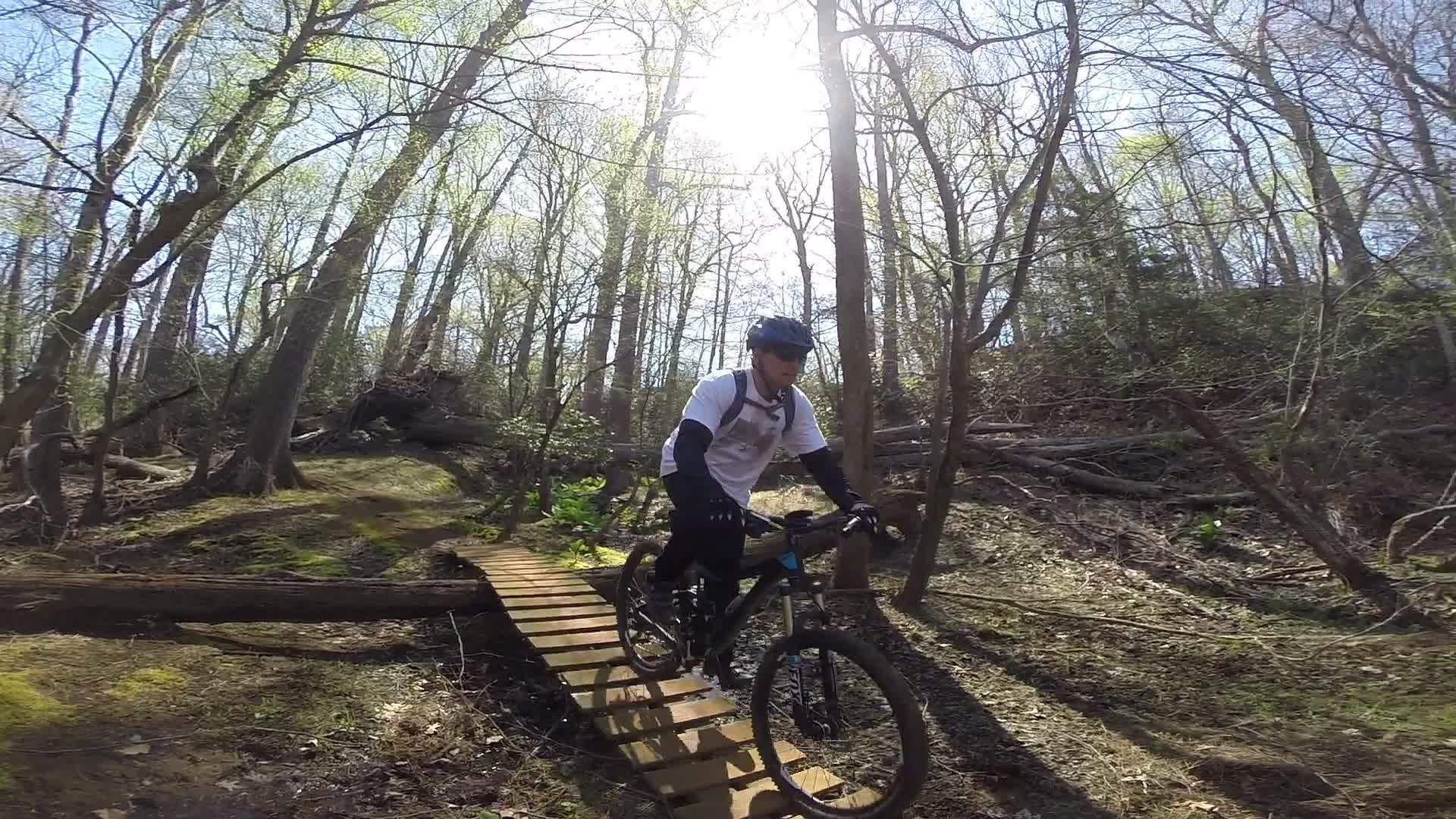 A mountain biker rides across a wooden bridge in a wooded area, surrounded by tall trees and dappled sunlight filtering through the leaves. The terrain is lush with greenery, and the path is natural and unpaved. Allaire State Park mountain bike trail.