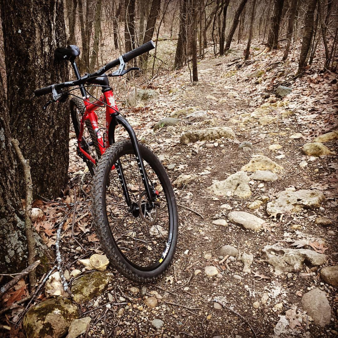 A red mountain bike leaning against a tree on a rocky dirt trail surrounded by trees and fallen leaves. John Muir Trails mountain bike trail.
