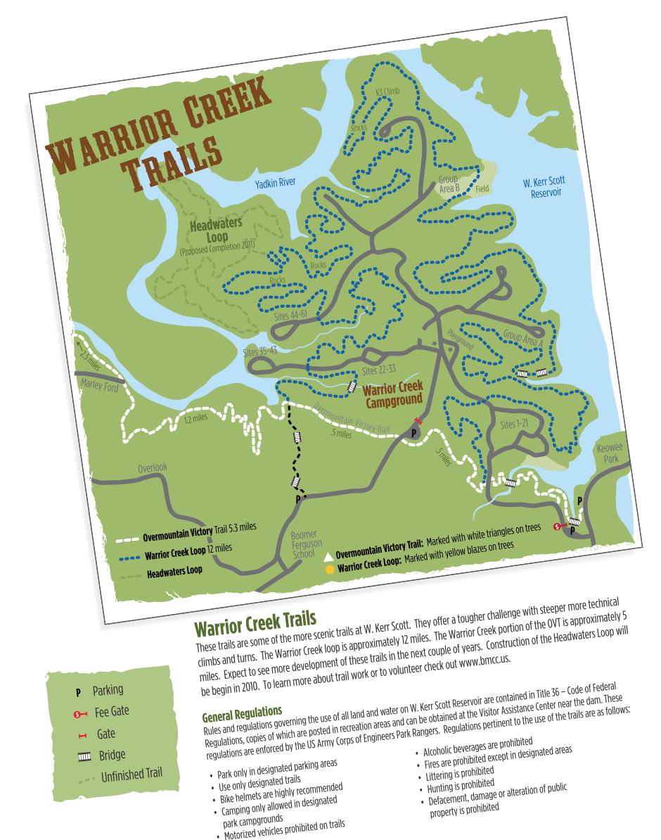 Map of the Warrior Creek Trails at W. Kerr Scott Reservoir, detailing various trails and features including parking, a fee gate, campground locations, and proposed trail expansions. The map highlights trail difficulty levels, specific looping paths like the Warrior Creek Loop and Overmountain Victory Trail, and includes important regulations for trail use. Warrior Creek mountain bike trail.
