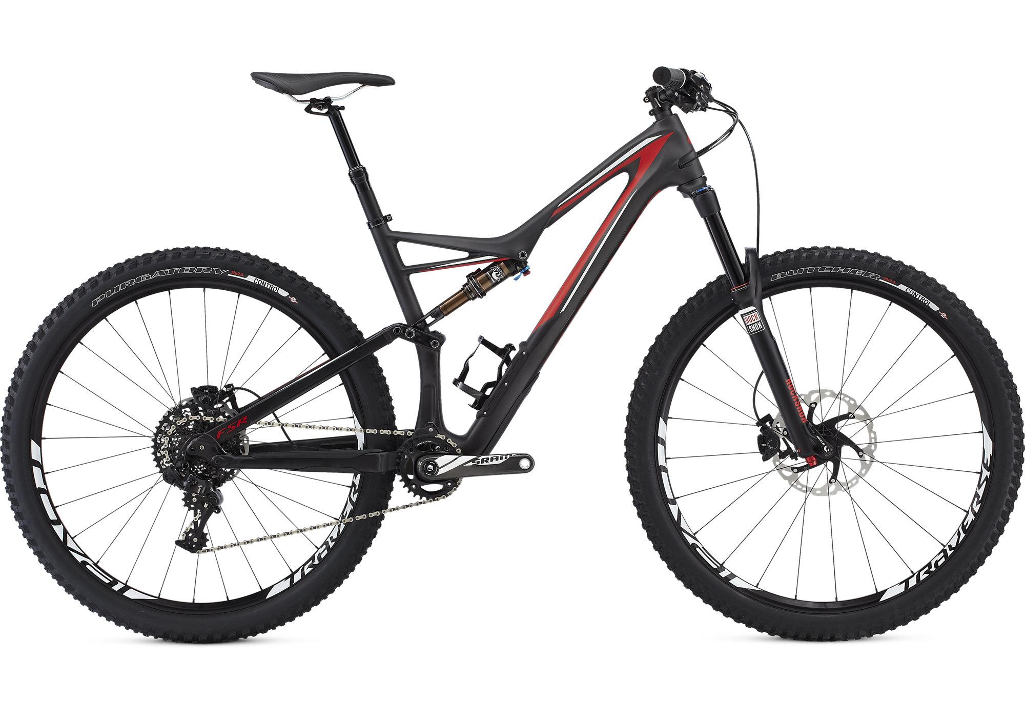 Specialized Stumpjumper FSR Expert 29: A sleek black mountain bike with red accents, featuring a full suspension design, thick knobby tires, and a modern frame style. The bike is positioned at a slight angle, showcasing its components, including a dropper seat post and disk brakes.