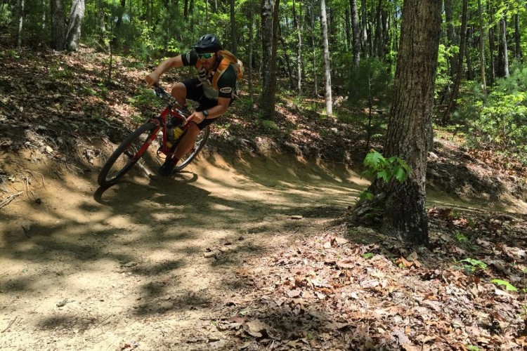 A mountain biker navigating a curved dirt trail in a lush green forest, leaning into the turn while surrounded by trees and fallen leaves.
