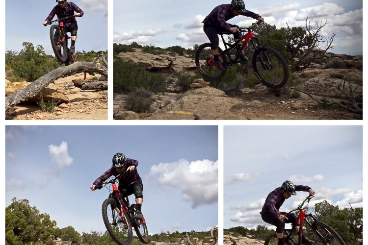 A collage of four images showing a mountain biker performing jumps on rocky terrain. The cyclist, wearing a helmet and a plaid shirt, navigates over a fallen log and rocky landscape, demonstrating skills and agility. The background features shrubs and a partly cloudy sky, typical of a natural outdoor setting for biking.
