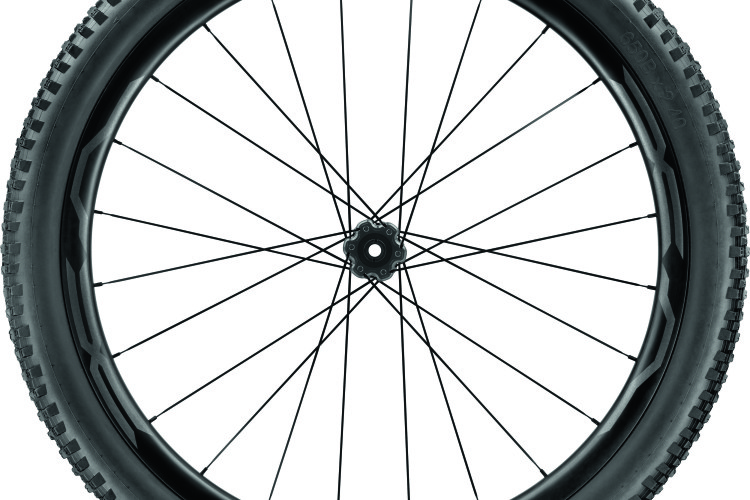 An image of a black mountain bike wheel with a wide, knobby tire, featuring prominent tread patterns. The wheel has a central hub with spokes radiating outward, and a label indicating "QUEST PRO" by Mavic. The background is plain white, highlighting the wheel's design and details.