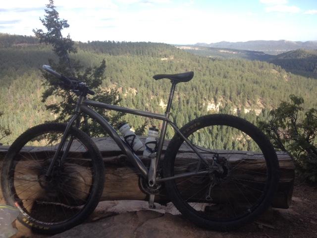 A mountain bike leaned against a log, overlooking a scenic landscape of lush green forests and distant mountains under a partly cloudy sky. Hoffheins mountain bike trail.