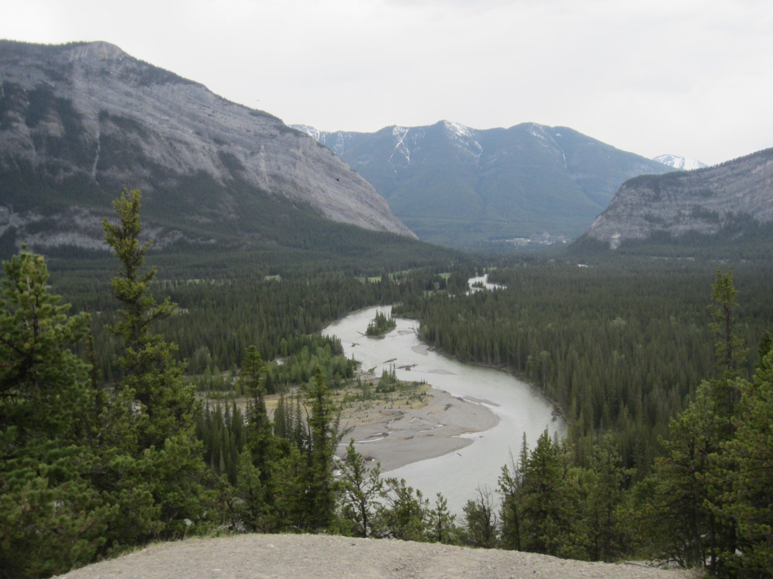A scenic view of a winding river surrounded by dense forests and towering mountains under a cloudy sky. The landscape features rugged cliffs on either side of the river, with patches of snow visible on the distant mountains. Tunnel Mountain Trail System mountain bike trail.
