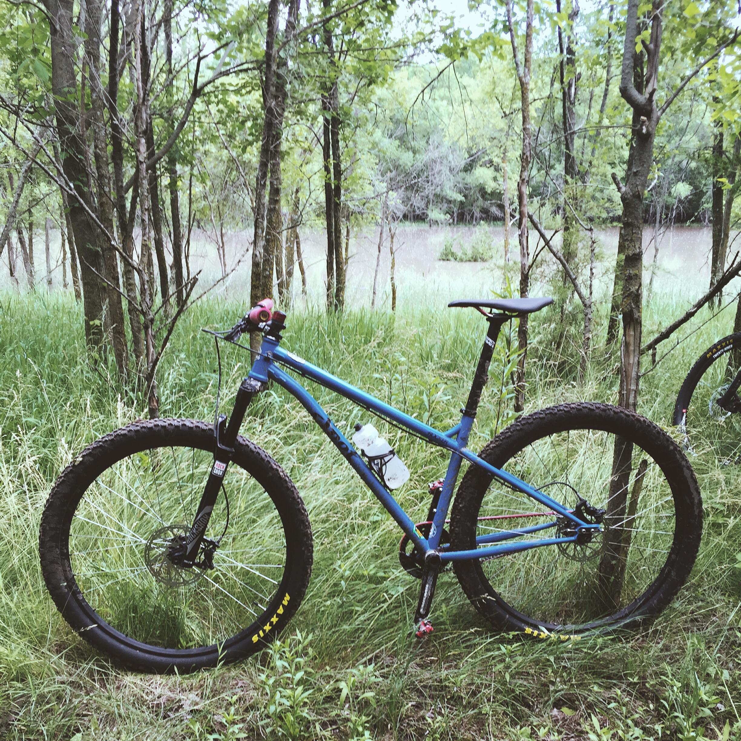 A blue mountain bike with thick tires, resting on tall grass near a riverbank surrounded by trees. The bike has a water bottle attached and is positioned on a dirt trail, with lush greenery in the background. Lawrence Riverfront Trails mountain bike trail.