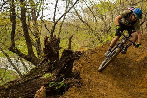 A mountain biker leans into a turn on a dirt trail surrounded by trees in a lush, green forest. Shooting Star Trail mountain bike trail.