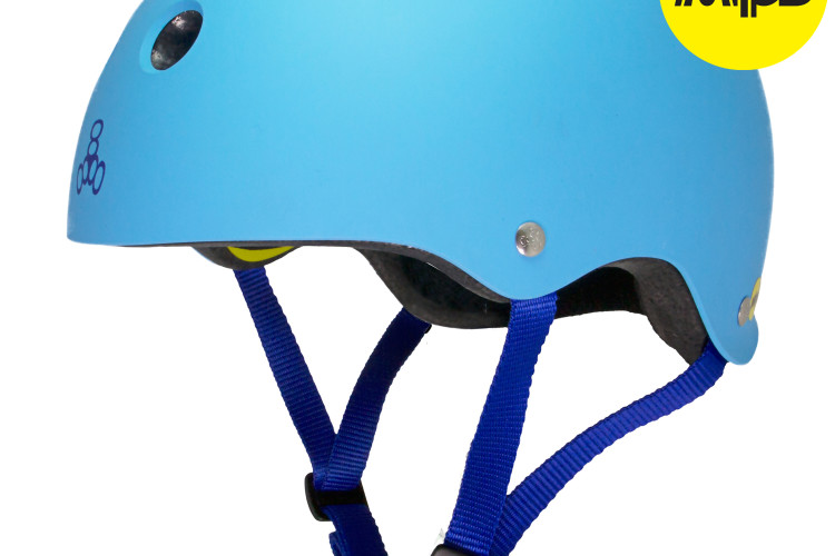 A blue cycling helmet with a matte finish, featuring a close-up view that shows ventilation holes and a chin strap in blue. It includes a small logo on the side and a yellow sticker indicating it has MIPS (Multi-directional Impact Protection System) technology.