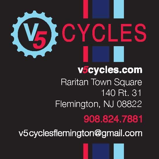 Logo design for V5 Cycles, featuring the text "V5 CYCLES" in bold red letters on a black background. The logo includes a blue gear graphic, with additional colored stripes to the right. Contact information shows the business location in Flemington, NJ, phone number, and email address.