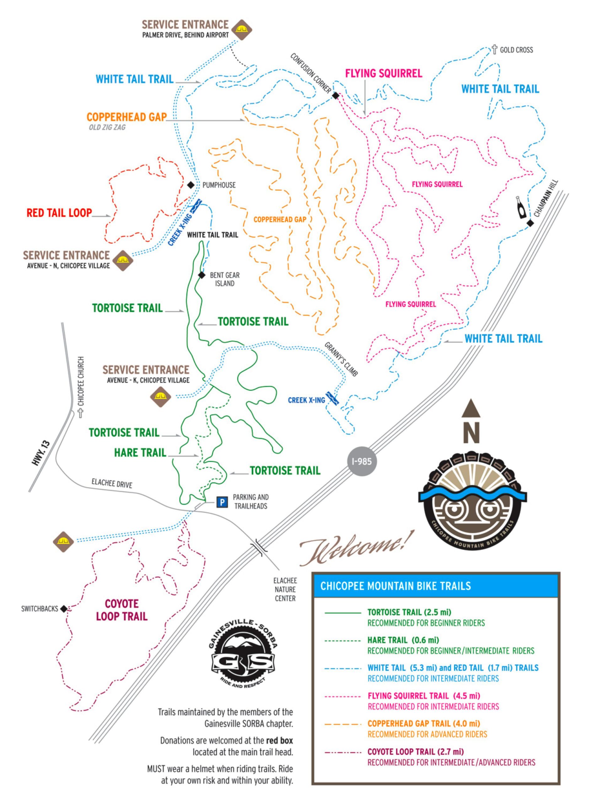 Map of Chicopee Mountain Bike Trails, featuring a layout of various bike trails including Tortoise Trail, Hare Trail, Flying Squirrel Trail, and more. The map indicates the service entrances, trail lengths, and recommendations for rider skill levels. Various colored lines represent different trails and their difficulty levels, along with directional markers and notable locations. Chicopee Woods mountain bike trail.