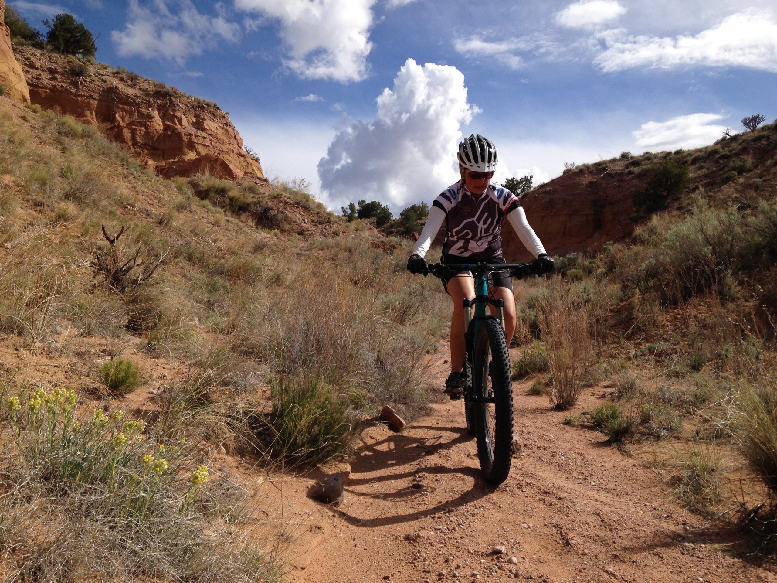 A person riding a mountain bike on a dirt trail surrounded by rugged terrain and sparse vegetation, under a partly cloudy sky. Mariposa Fat Bike Trails mountain bike trail.