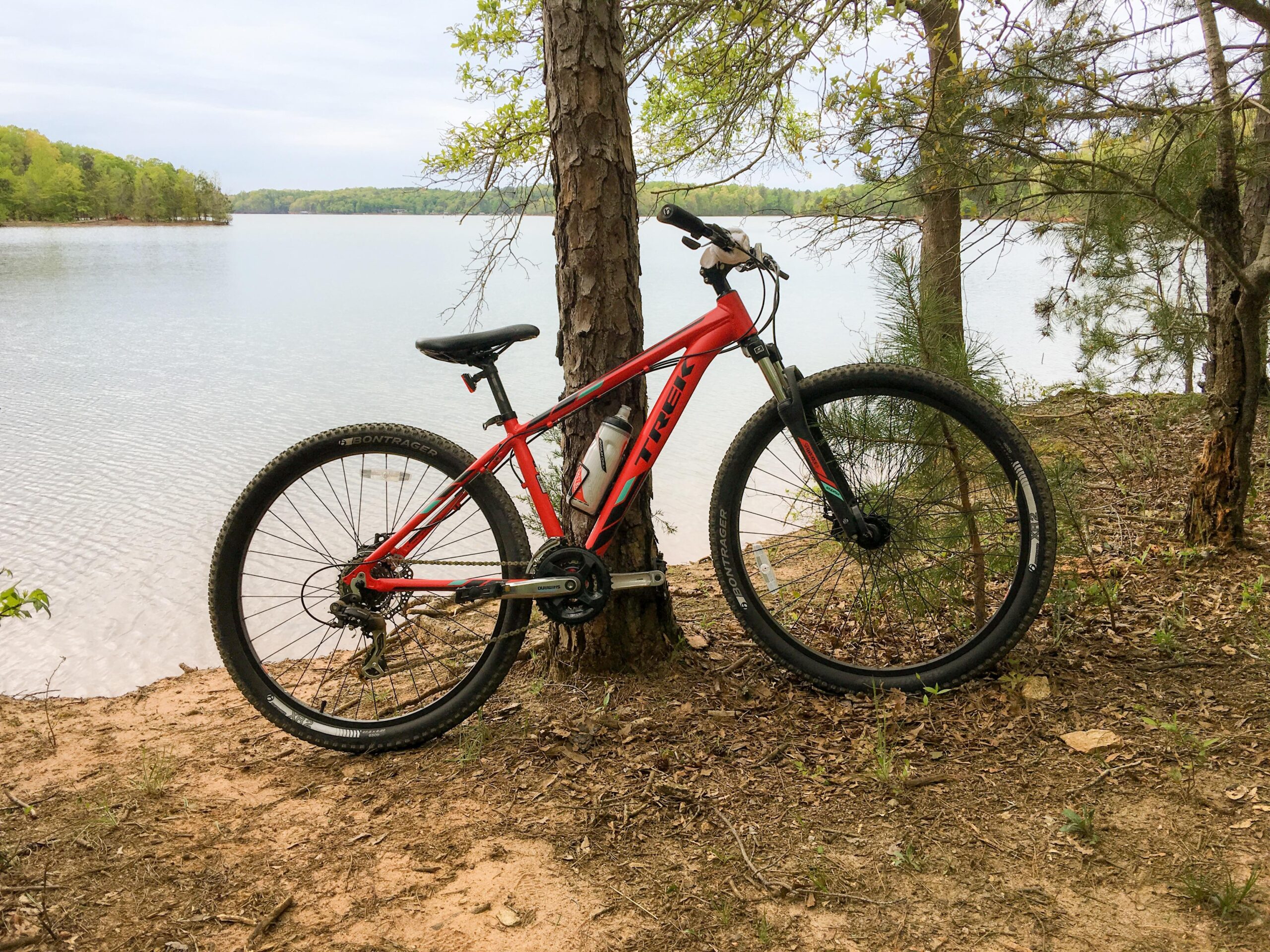 Trek Marlin 5: A red mountain bike leaning against a tree near a calm lake, surrounded by greenery and sandy ground. The sky is overcast, suggesting a serene, outdoor setting perfect for biking or relaxation.