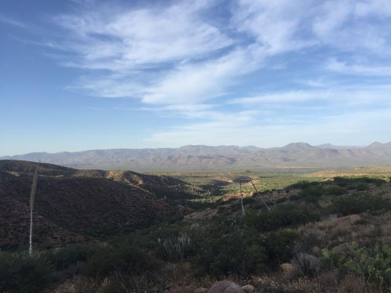 A panoramic view of rolling hills and distant mountains under a blue sky with scattered clouds. The landscape is lush with greenery, featuring various desert plants, and a dirt path leading into the horizon. Sycamore Trail #68 mountain bike trail.
