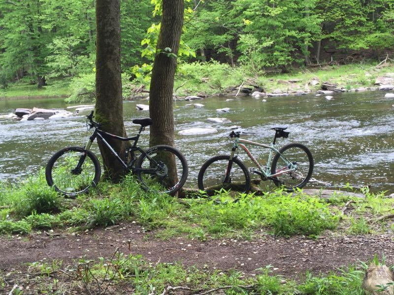 Two bicycles are parked side by side near a riverbank, surrounded by lush green foliage. The scene features two trees, the flowing water of the river, and rocky outcrops, creating a serene outdoor setting. High Rocks mountain bike trail.