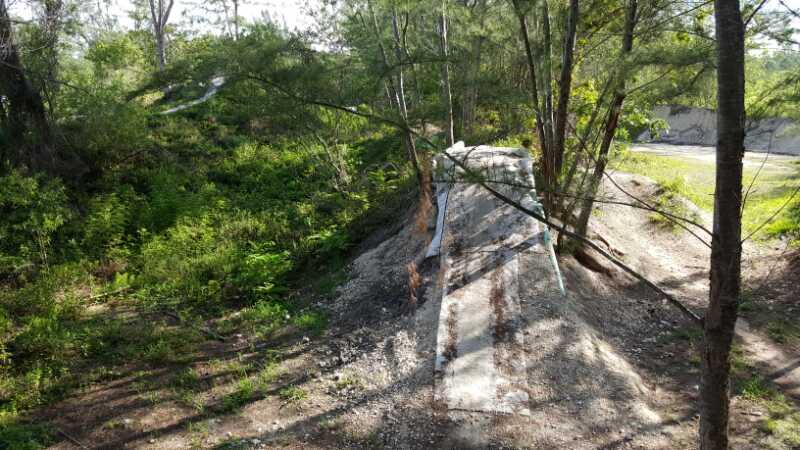 A natural landscape featuring a dirt mound surrounded by lush greenery and trees. The scene includes a mix of grass, shrubs, and scattered rocks, with a clear view of a path leading off to the right side of the image. The sunlight filters through the leaves, creating a peaceful and serene atmosphere. Amelia Earhart Park mountain bike trail.