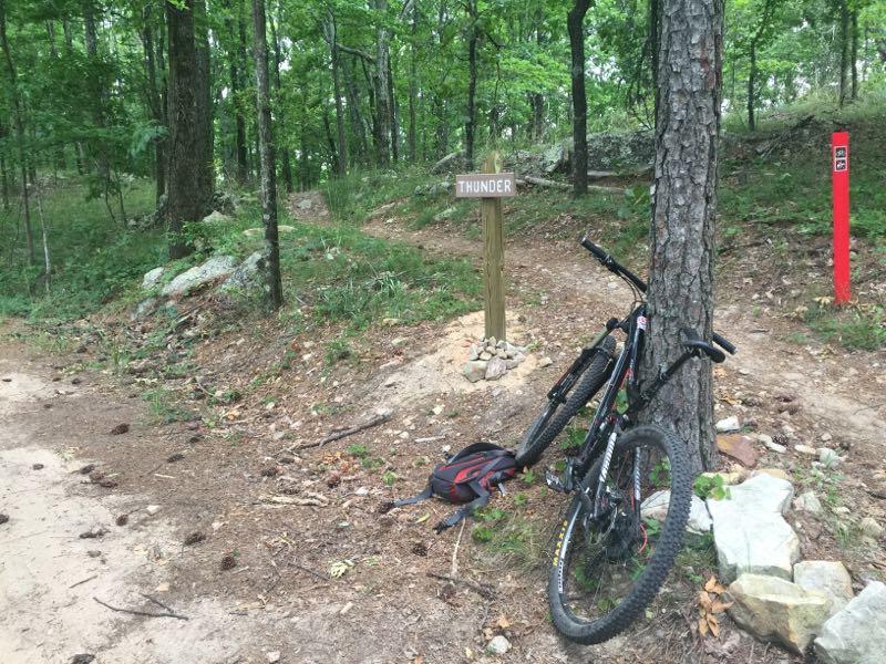 A mountain bike leaning against a tree near a trail intersection marked by a wooden sign that reads "THUNDER." The area is wooded with green foliage and rocky soil, indicating a natural setting for outdoor activities. A red trail marker can be seen on the right side of the image. Oak Mountain State Park mountain bike trail.