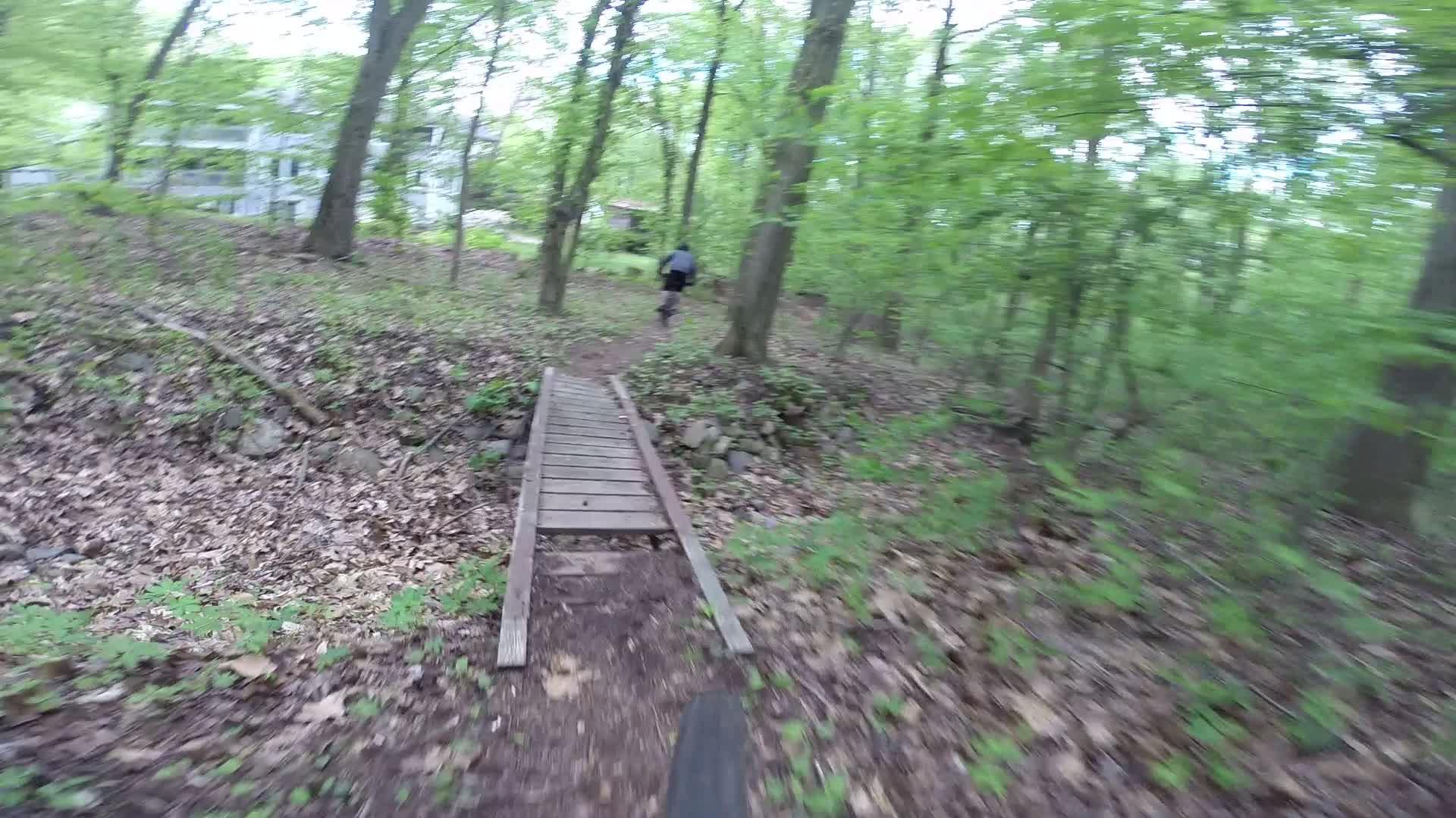 A partially blurred image of a winding trail in a green forest, with a small wooden bridge crossing a dip in the path. A person is seen riding a bicycle in the distance, surrounded by lush foliage and trees, while fallen leaves cover the ground. Richmond Avenue and Forest Hill road mountain bike trail.