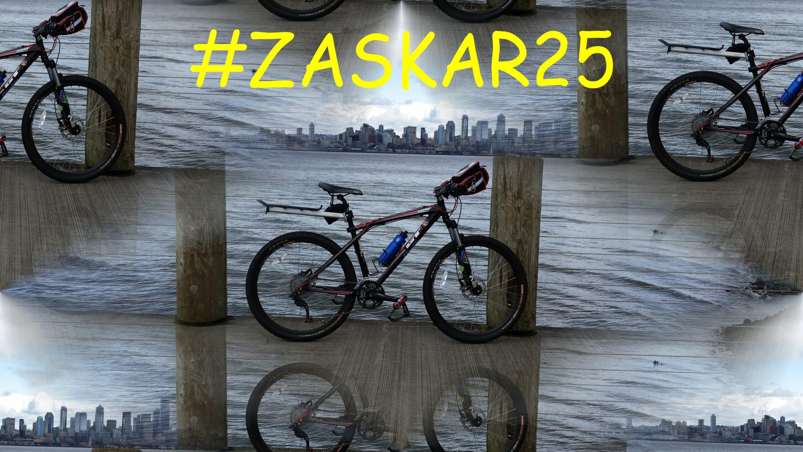 GT Zaskar: A mountain bike parked near a body of water, with a city skyline visible in the background. The image features a collage-like effect, highlighting the bike and its surroundings, along with the hashtag "#ZASKAR25" in bright yellow text.