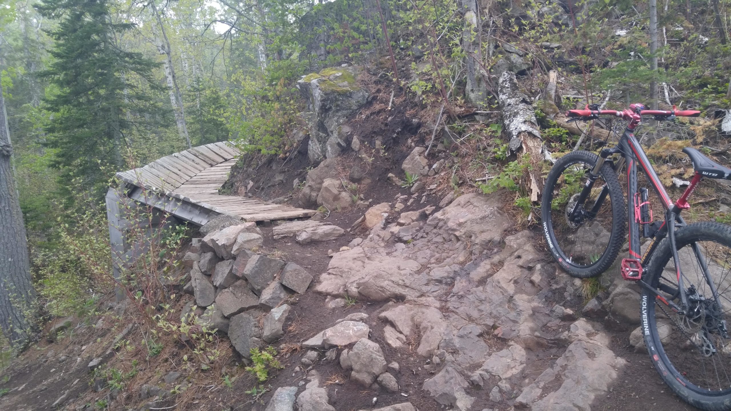 A mountain bike rests on rocky terrain next to a wooden roller feature that curves into a path in a forested area, surrounded by green foliage and trees. Copper Harbor Trails mountain bike trail.