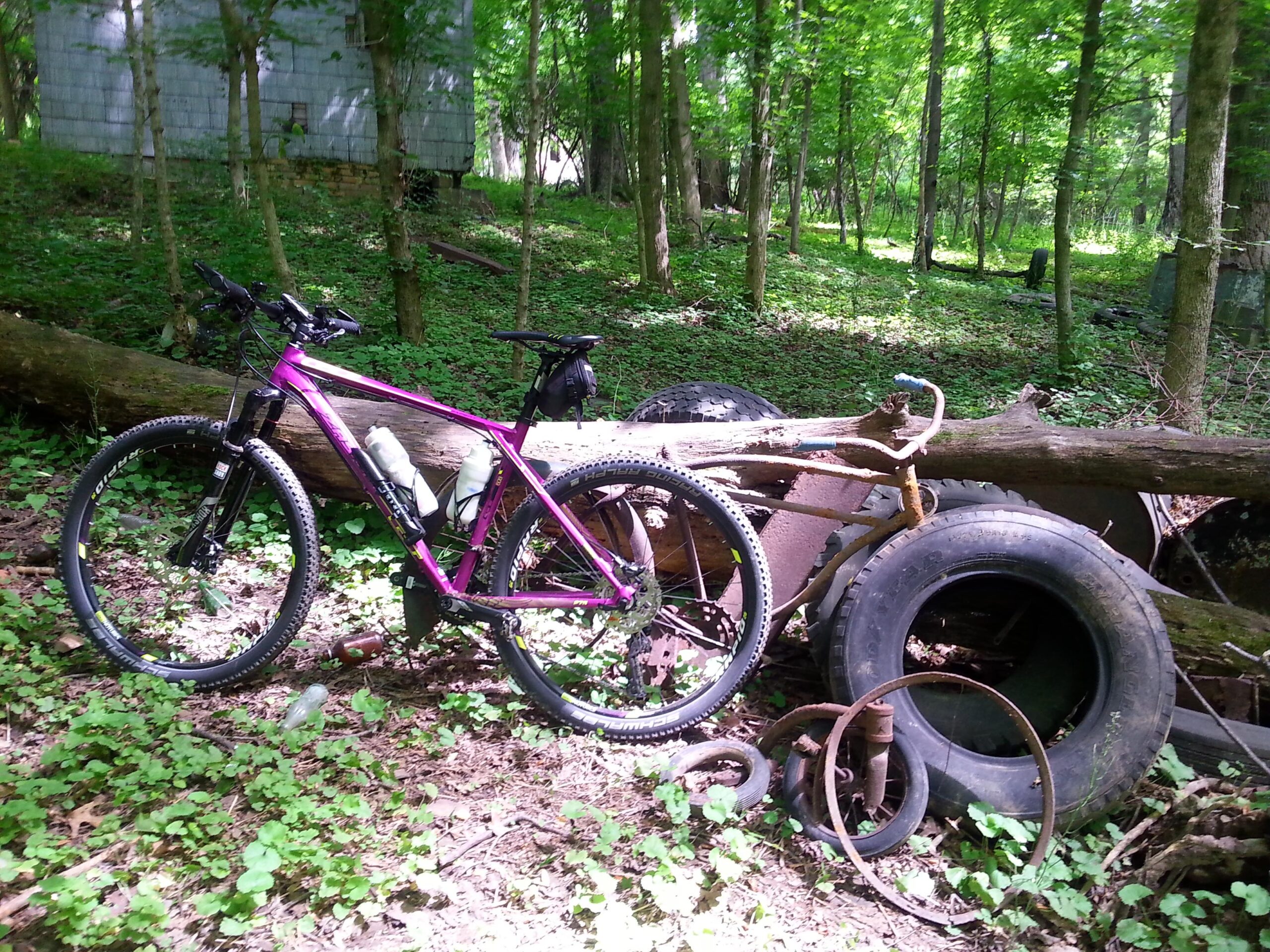 A vibrant pink mountain bike is leaning against a fallen log in a wooded area, with greenery and sunlight filtering through the trees. In the background, there are old tires and rusty metal parts scattered among the foliage, creating a contrast between the natural environment and the remnants of discarded materials. A small, rustic building is partially visible through the trees. Seneca Creek State Park Trail mountain bike trail.