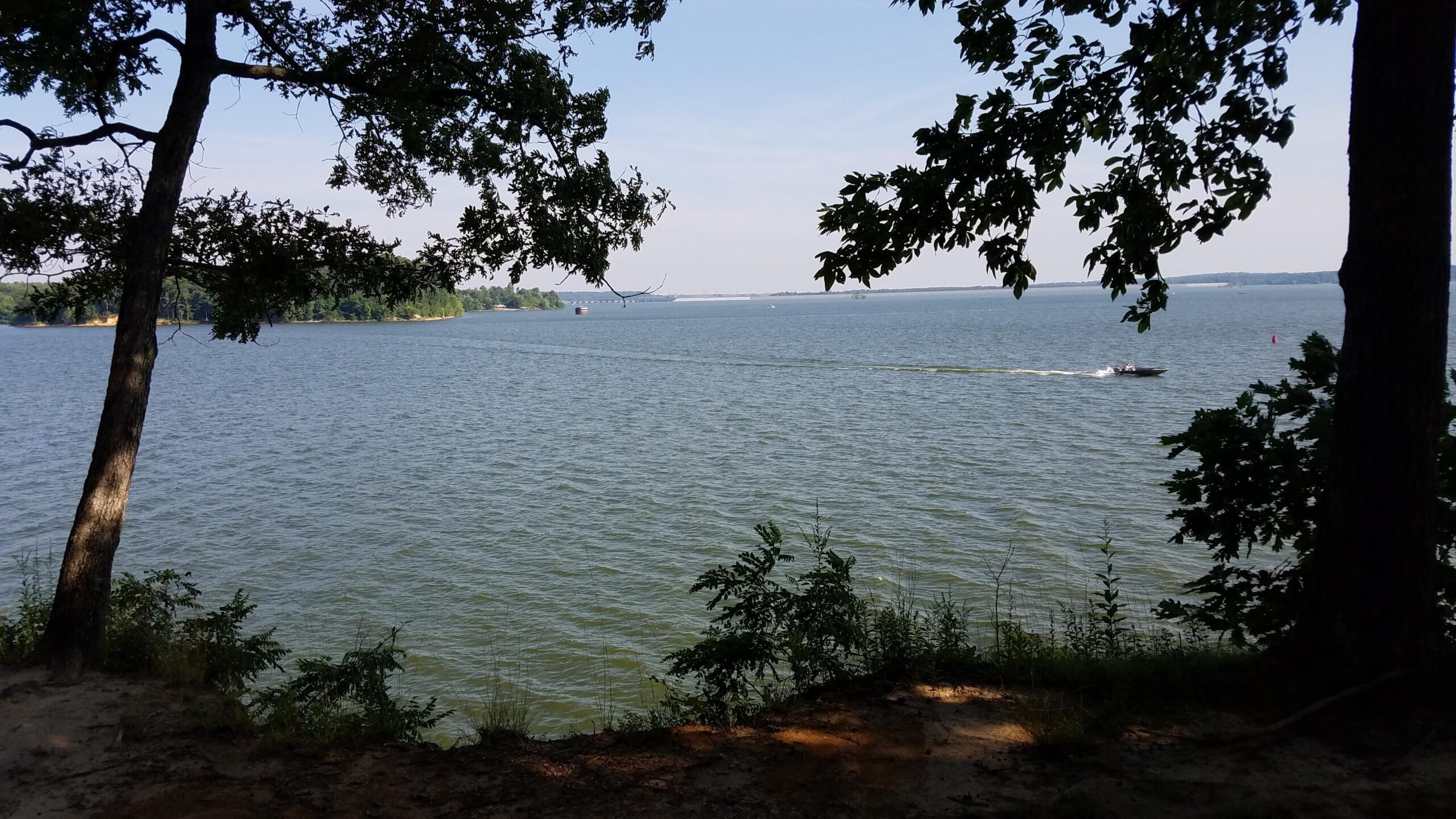 A scenic view of a lake surrounded by trees, with a boat cruising on the water. The sky is clear and blue, with hints of greenery in the background. The shoreline is partially visible, adding a natural touch to the tranquil setting. Canal Loop mountain bike trail.