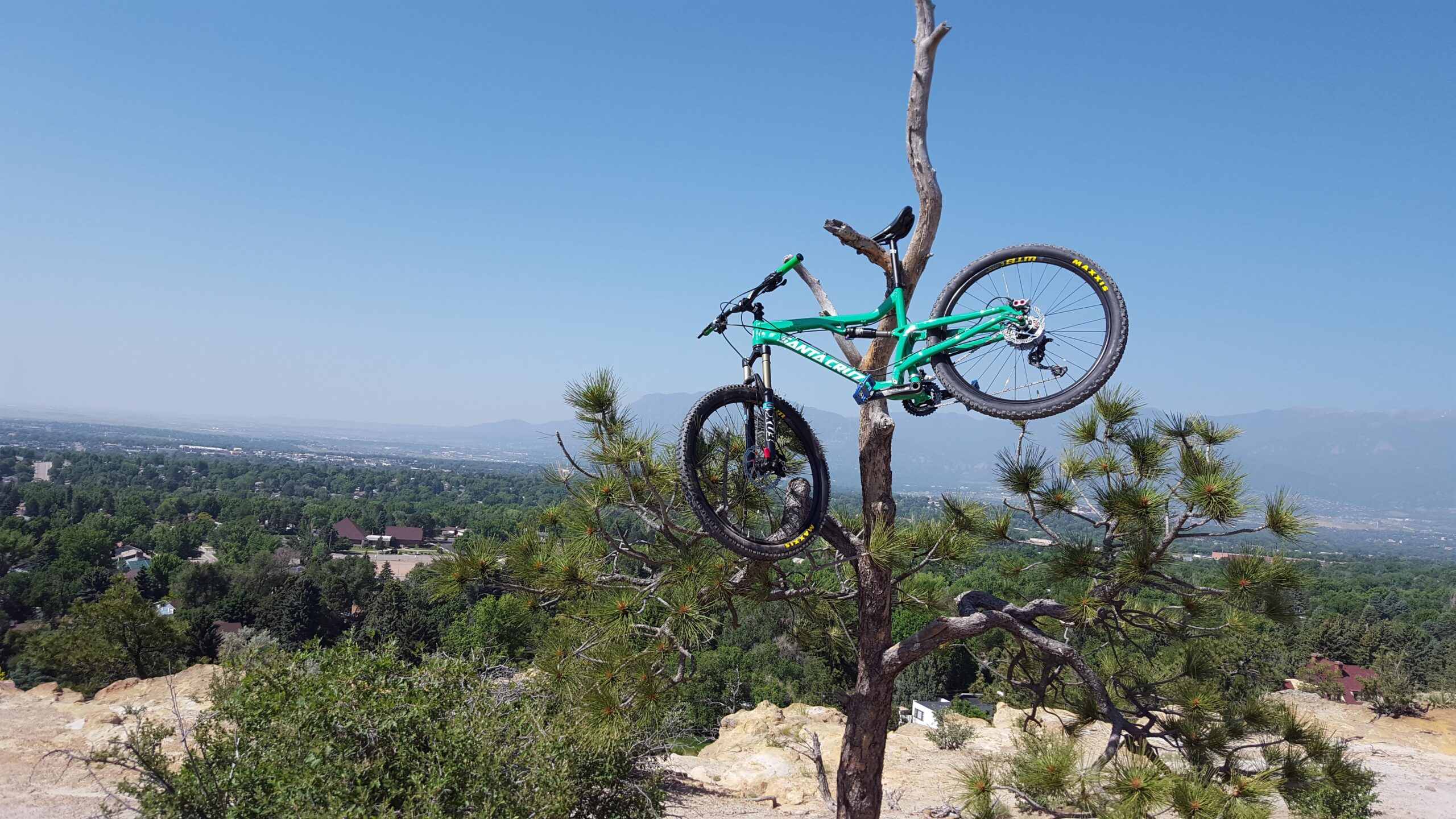 Santa Cruz Bantam: A mountain bike resting on a tree branch on a rocky outcrop, with a panoramic view of a lush green valley and distant mountains under a clear blue sky.
