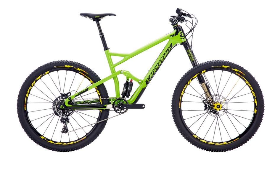 Cannondale Jekyll Carbon 1: A bright green mountain bike with black and yellow accents, featuring wide tires, a front suspension fork, and a prominent Cannondale logo on the frame. The bike is angled to showcase its sleek design and componentry.