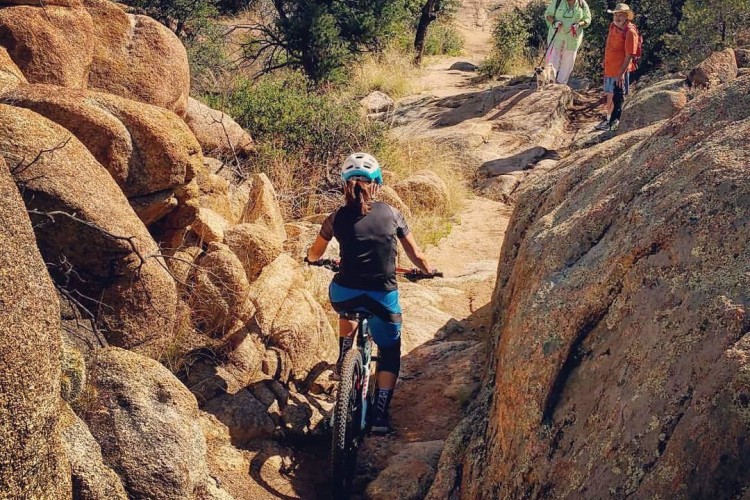 A cyclist riding a mountain bike along a rocky trail surrounded by large boulders and vegetation, with two hikers in the background, one holding a dog. The scene captures a sunny day in a natural outdoor setting.